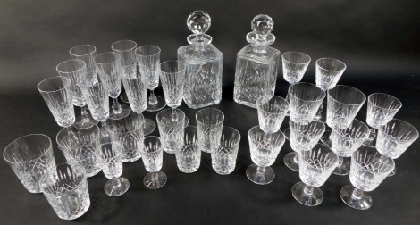 A group of Edinburgh cut glass, to include two decanters, drinking glasses, tumblers, liqueur glasses, etc. (1 tray and loose)