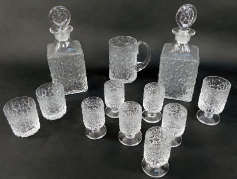 A group of Whitefriars type glassware, to include two decanters and stoppers, tankard, tumblers, etc.