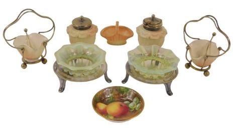 A group of Royal Worcester blush porcelain, to include miniature basket, gilt heightened, 4cm high, part cruet, together with two vaseline glass dishes, 8cm wide.