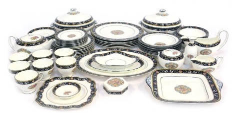 A Wedgwood porcelain part tea and dinner service decorated in the Runnymede pattern, to include three tureens and covers, teapot, lidded sugar bowl, soup bowls, teacups and saucers, etc.