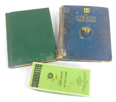 Two early 20thC and later world stamp albums, to include India, Gibraltar, Germany, Egypt, Denmark, Cuba, Canada, some GB, together with Subbuteo figures, boxed.