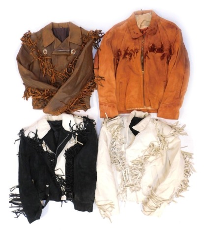 A group of leather fringed jackets, to include a black suede and white leather example, various sizes. (a quantity)