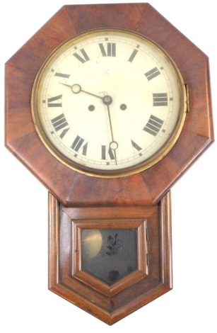 A late 19thC/early 20thC mahogany and oak cased drop dial wall clock, the circular enamel dial bearing Roman numerals, eight day, with pendulum, 58cm high.