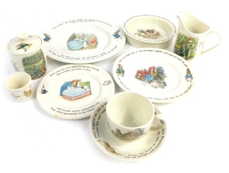 A group of Wedgwood Peter Rabbit pattern ceramics, to include child's bowl, teacup and saucer, jug, egg cup, etc. (1 tray)