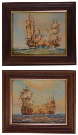 J Harvey (20thC School). Naval Man 'O' War in engagement, oil on canvas, pair, signed, 19cm x 25cm.