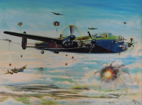 Trubney K F S (?). Study of a Lancaster aeroplane, To Wizernes July 20th 1944 (Northern France), oil on canvas, signed and dated 1998, 74cm x 103cm, with paperwork detailing history of the plane, and wish by artist that a donation is made to the Parkinson