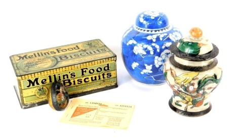 An Oriental porcelain ginger jar and cover, decorated with flowering Prunus against a cracked ice ground, 15.5cm high, together with an Oriental stoneware vase and cover, and a Mellin's Food biscuits tin, containing motor fuel ration book, etc. (a quantit