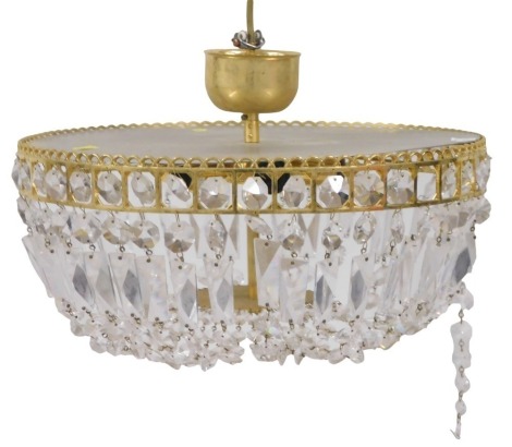 A 20thC brass framed ceiling light, of two tiered cylindrical form, with various cut glass lustre droplets, 42cm diameter.