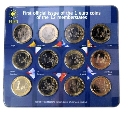 A First Official Issue of the Euro coin set, comprising twelve Euro coins from differing European A First Official Issue of the Euro coin set, comprising twelve Euro coins from differing European