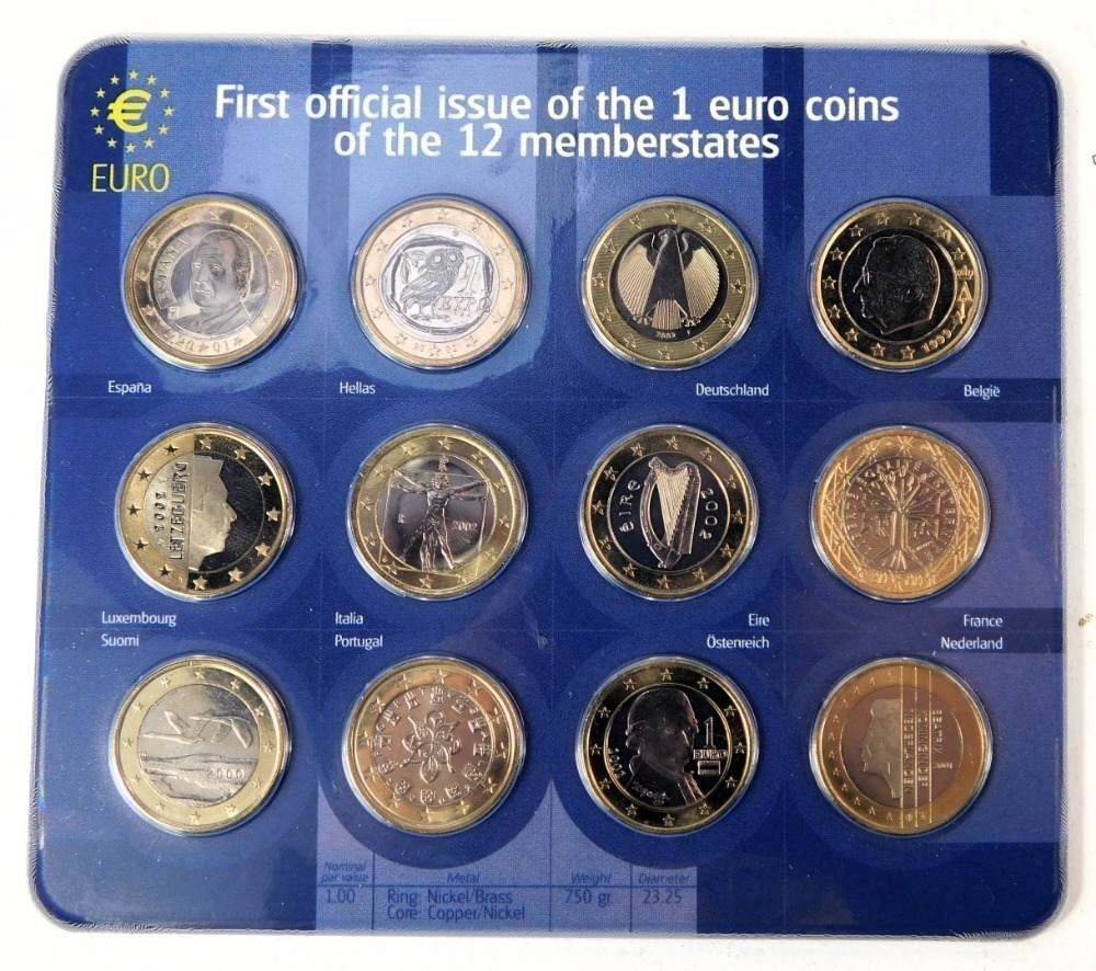 A First Official Issue of the Euro coin set, comprising