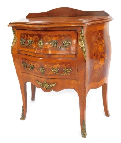 A late 19thC marquetry and tulipwood bombe chest of two drawers, in the French 18thC manner, having ormolu mounts and handles, possibly with replacement top, 92cm high, 75cm wide, 41cm deep.