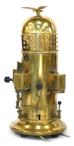 A Continental brass cafe barista urn, with a central gauge, taps, etc., 107cm high.