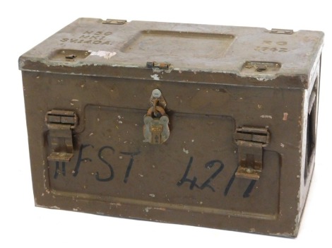 A mid century metal ammunition box, bearing impressed numbers to top H50, MK1, SV104A, RG1962, 45cm wide.