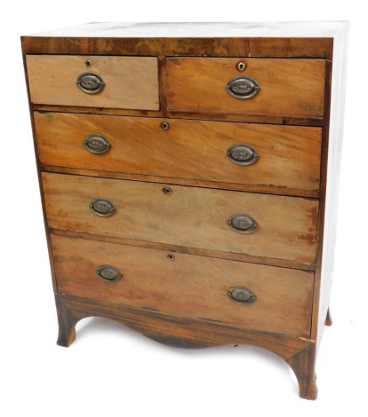 A late Georgian mahogany chest, of two short and three long graduated drawers, with brass thistle handles, on splayed legs, 107cm high, 88cm wide, 44cm deep.