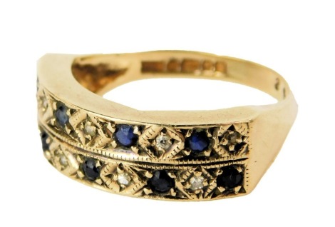 A half hoop dress ring, of two bar design, set with diamond and sapphire, yellow metal with rubbed hallmarks, 9ct gold, ring size N½, 3.3g all in.