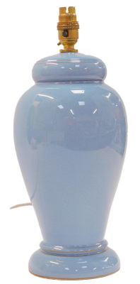 A Denby pottery table lamp, of baluster form, powder blue ground, 38cm high.