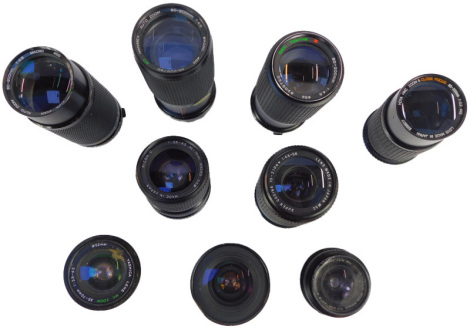 A quantity of camera lenses, various makers and sizes, makers to include Tokina, Hoya, Cosina, Hanimex, etc. (9)