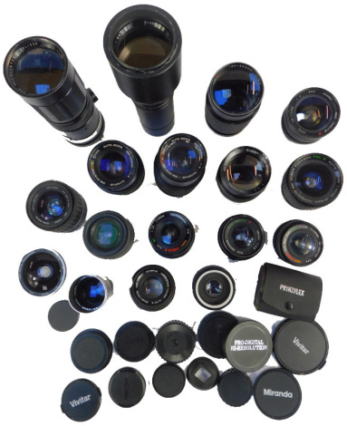 A quantity of miscellaneous camera lenses, makers to include Paragon, Tokina, Sigma, Olympus, Karener, etc. (a quantity)