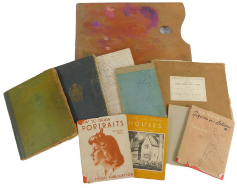 A group of art related items, to include an artist pallet, books on drawings, a drawing by Charles Wood, How to Draw a House, partly used sketch books, etc. (a quantity)