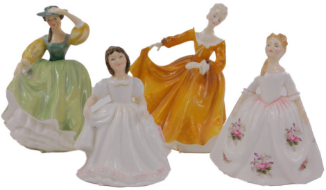 Four Royal Doulton porcelain figures, modelled as Buttercup HN2309, Kirsty HN2381, Amanda HN3635, and Peggy Davies Lavender Rose HN3481.