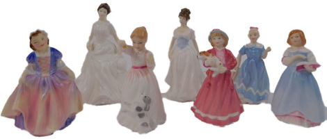 A group of Royal Doulton porcelain figures, comprising Melody HN4117, Harmony HN4096, Reward HN3391, A Posy for You HN3606, First Recital HN3652, My First Figurine HN3424, and Dinky Do. (7)