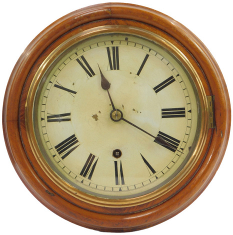 A mahogany cased wall clock, circular cream enamel dial bearing Roman numerals, thirty hour movement, circular mahogany case, 27.5cm diameter.