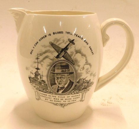 A Copeland Spode commemorative jug, with black transfer decoration depicting Winston Churchill, No 833714, with quote, and British American Alliance 'We Stand for Democracy', 19cm high.