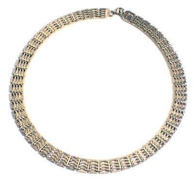 A 9ct gold choker, of four bar panelled design, 32cm long, 28g, in Mainline boxed.