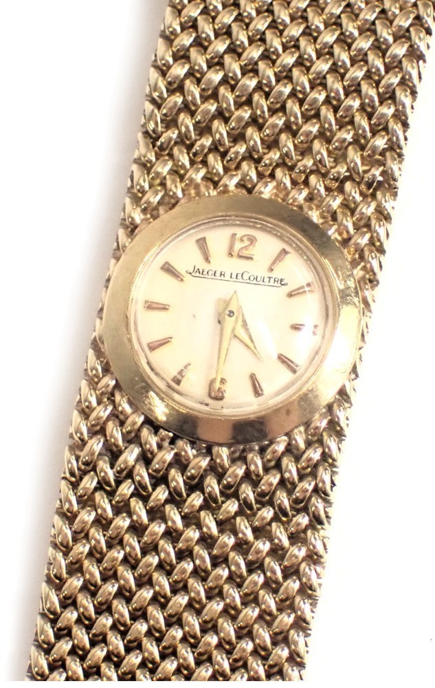 A Jaeger LeCoultre 9ct gold wristwatch with a small circular