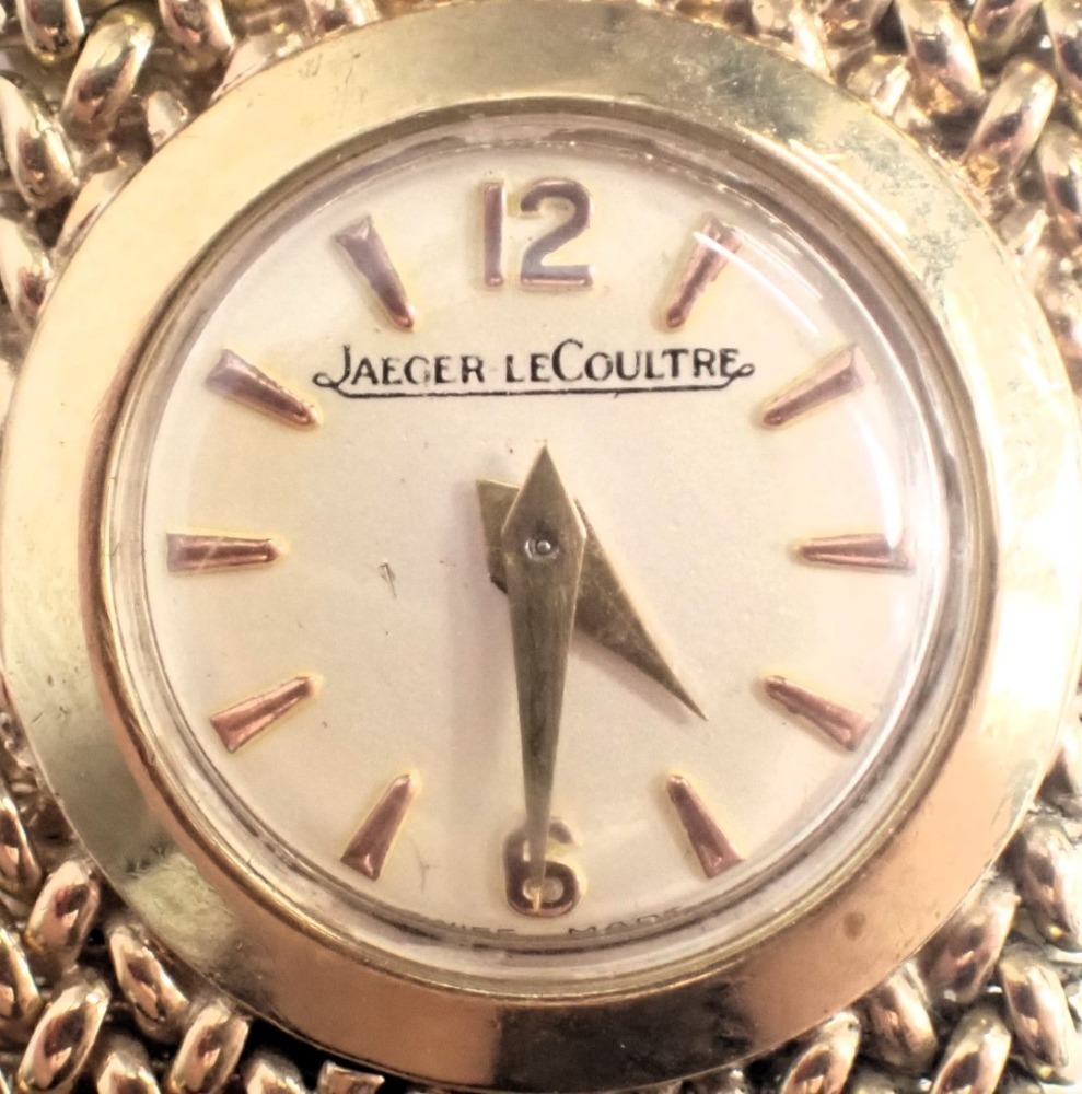 A Jaeger LeCoultre 9ct gold wristwatch with a small circular