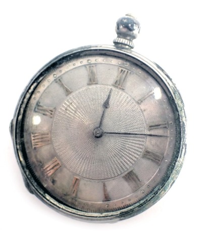 A fob watch, with a white metal Roman numeric dial, key wind, stamped K&M Fine Silver, 34.2g all in. (AF)