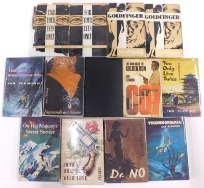 Fleming (Ian). James Bond novels, Book Club editions, comprising Live and Let Die, no dust jacket, Diamonds are Forever, 1956, From Russia With Love, 1957, two dust jackets by Richard Chopping, Dr No, 1958, Goldfinger, 1959 (2 copies) For Your Eyes Only, - 2