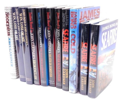 Gardner (John). James Bond, large format hardback editions, published by Hodder & Stoughton, comprising Scorpius 1988 first edition, Win, Lose or Die 1989 first edition (x2), BrokenClaw 1990 first edition, The Man from Barbarossa 1991 first edition, Death