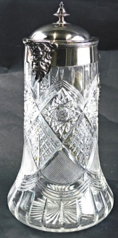 An early 20thC cut glass claret jug, with silver plated mounts, 33cm high. (AF)