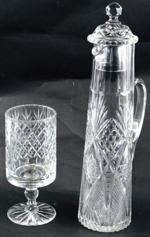 A slender cut glass claret jug with cover, 41cm high, and a cut glass goblet, engraved round Eleven Oulton Park 20th July Third.