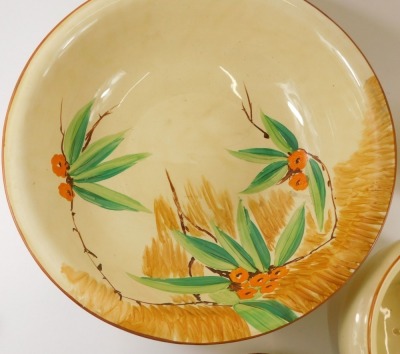 A Myott and Sons Art Deco wash stand set, comprising wash jug and bowl, chamber pot, lidded soap dish, each on a cream ground decorated with orange flowers. - 2