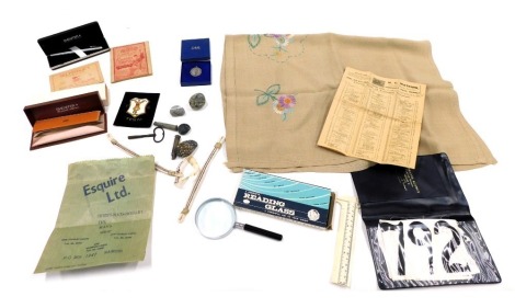 Miscellaneous items, to include a badge decorated with a harlequin sword initialled FC Kenya, embroidered panel, medallion, fountain pen, Sheaffer boxes, etc.