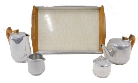 A Picquot ware aluminium four piece tea set, with rectangular tray.