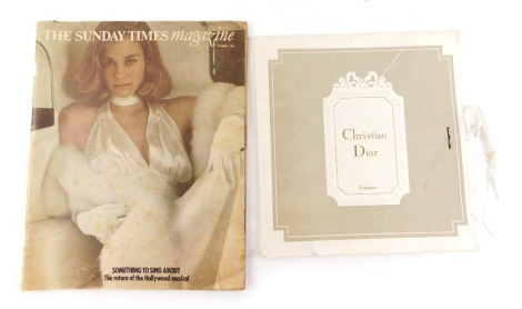 A Christian Dior black silk scarf with original packaging, and a copy of The Sunday Times magazine for 1974.