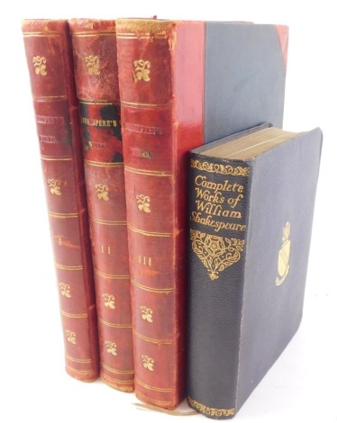 Three volumes of the plays of Shakespeare published by Castle and Company, in red gilt leather bindings, and a Complete Works of William Shakespeare. (4)