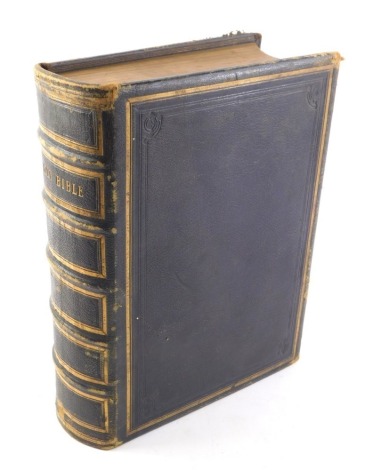 A Comprehensive leather bound family Bible, the inner cover with gilt tooled leather plaque for William and Ellen Miles, dated 1860.