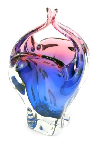 A Bohemian blue, purple and pink glass vase, modelled as stylised handkerchief, 24cm high.