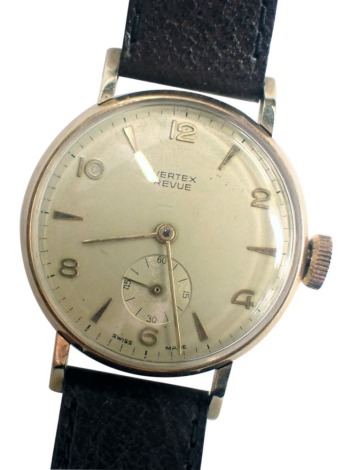 A 9ct gold Vertex Revue wristwatch, with a cream coloured numeric dial and seconds dial, brown leather strap, the dial 3cm diameter, 27.7g all in.