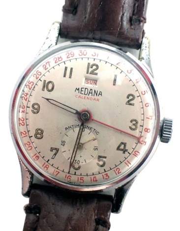 A Medana calendar day/date wristwatch, with a silvered numeric dial, with red seconds hand and outer border, in stainless steel case, on a later brown leather strap, the dial 2.5cm diameter.