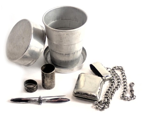 Silver and other trinkets, comprising a silver walking stick collar, silver plated Vesta on a curb link chain stamped sterling, RAF wings badge, etc. (a quantity)