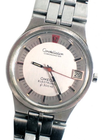 An Omega Constellation Electronic gentleman's wristwatch model F300HZ, in a stainless steel case, the dial 3cm diameter, boxed.