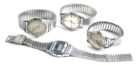 A group of gentleman's fashion watches, comprising a Smith's stainless steel cased gentleman's watch, a Burham Grand Prix super slender automatic gentleman's wristwatch, a Ciroxa 15 dual movement watch, and a Jasa electronic watch. (4, AF)