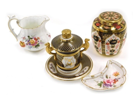 A collection of ceramics, to include a small Royal Crown Derby Imari pattern ginger jar, 11cm high, a Spode limited edition copy of the Warrior Cup and saucer, number 261 of 500, and two items of Derby Posies pattern. (4)