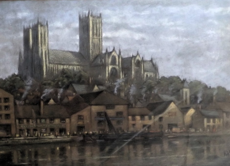 K.V. (20thC). Lincoln Cathedral from the Brayford Pool, pastel, initialled, 26.5cm x 36.5cm.