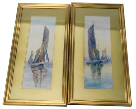 E Anderton. Fishing boats, watercolours, a pair, 55cm x 20cm.